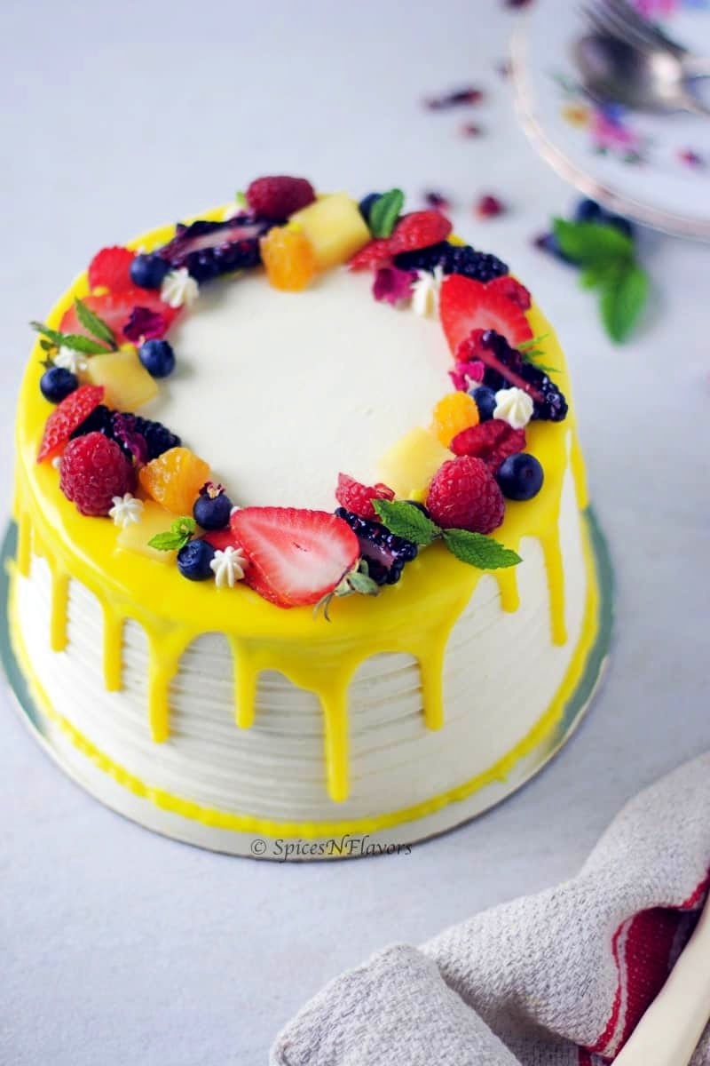 Eggless Fresh Fruit Cake with Whipped Cream