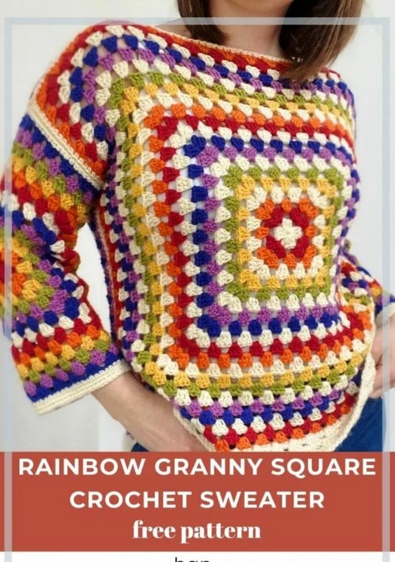 Rainbow Granny Square Sweater – Free Beginner Crochet Pattern