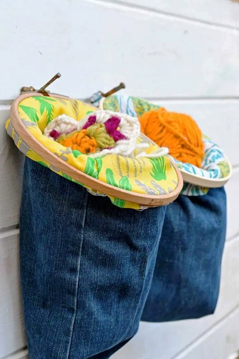 How To Make Hanging Denim Baskets With Embroidery Hoops