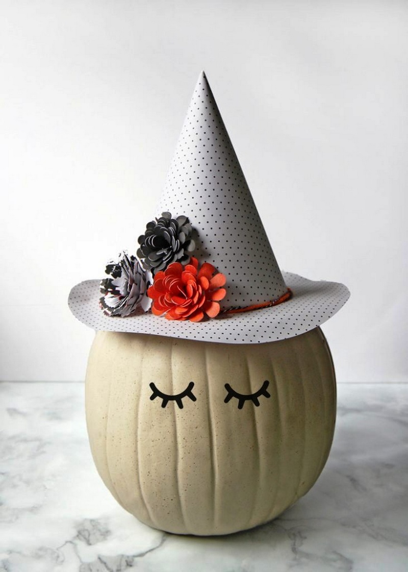 Pumpkin Decorating Idea Witch Pumpkin with Paper Flower Hat