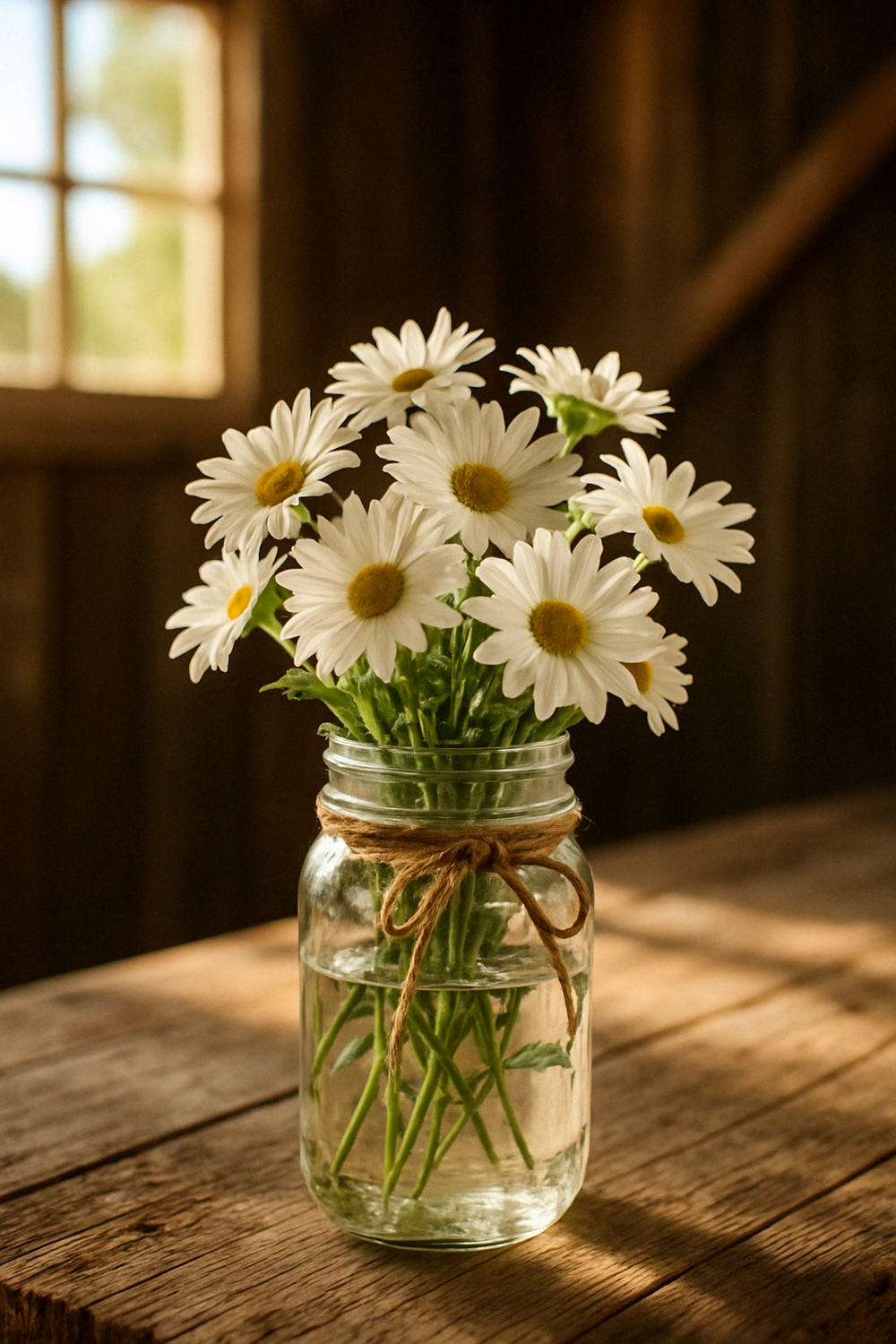 Twine Wrapped Mason Jar with White Daisies