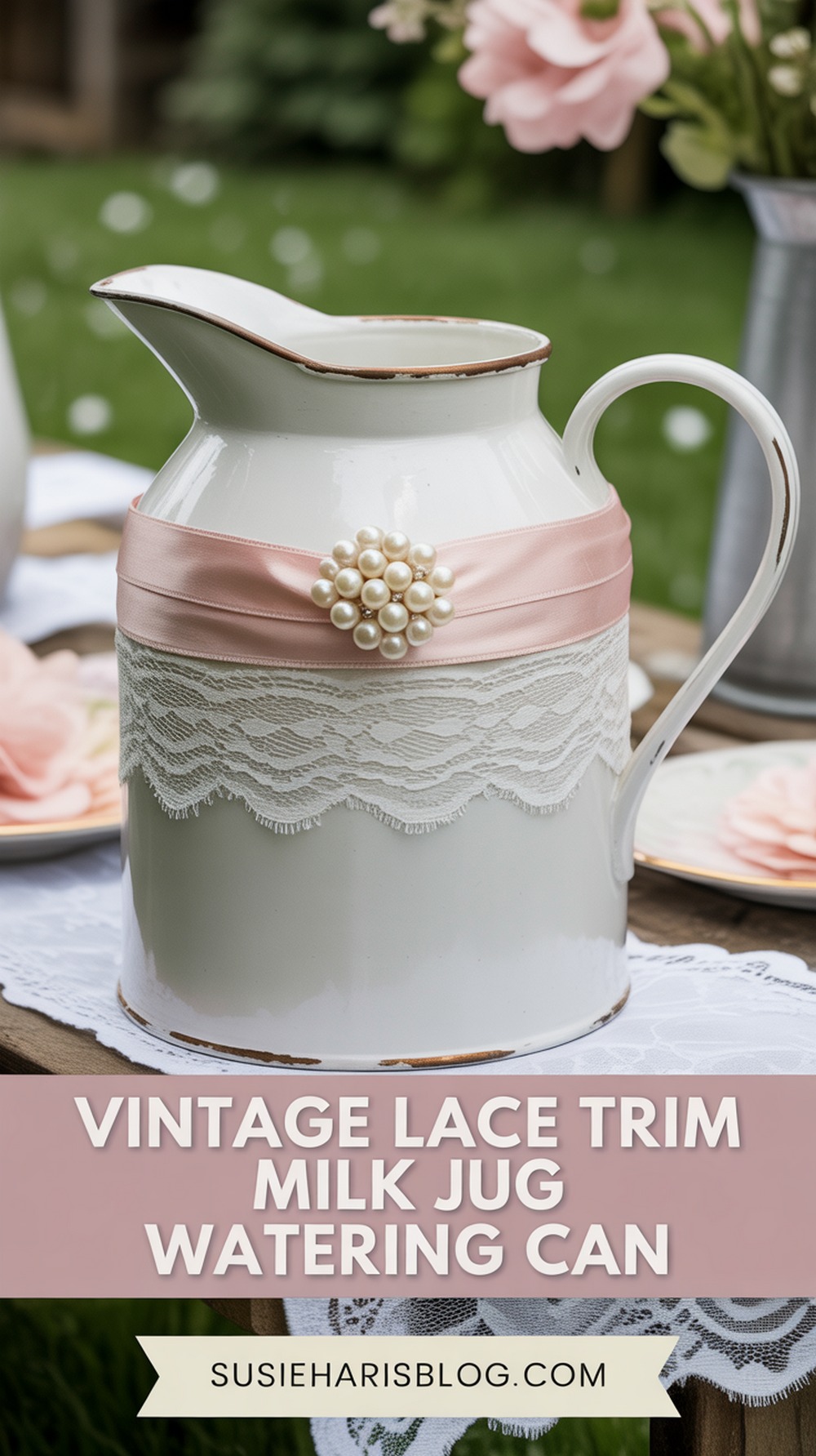Vintage Lace Trim Milk Jug Watering Can
