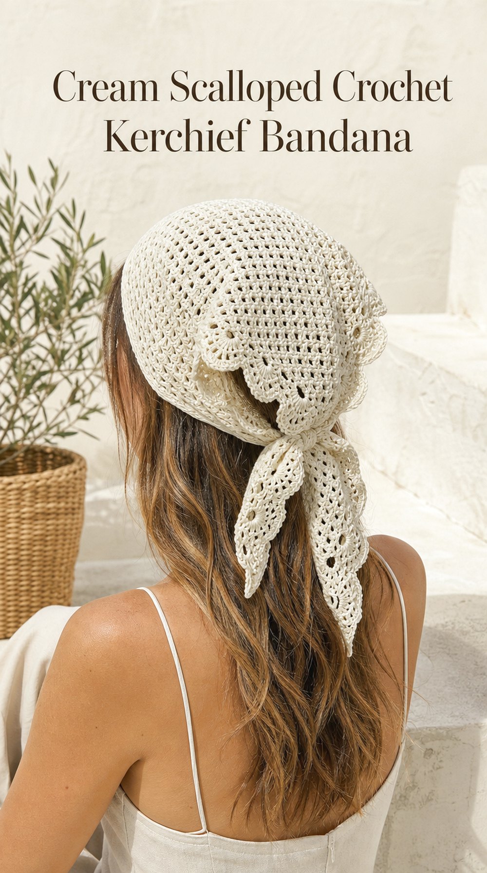 Cream Scalloped Crochet Kerchief Bandana