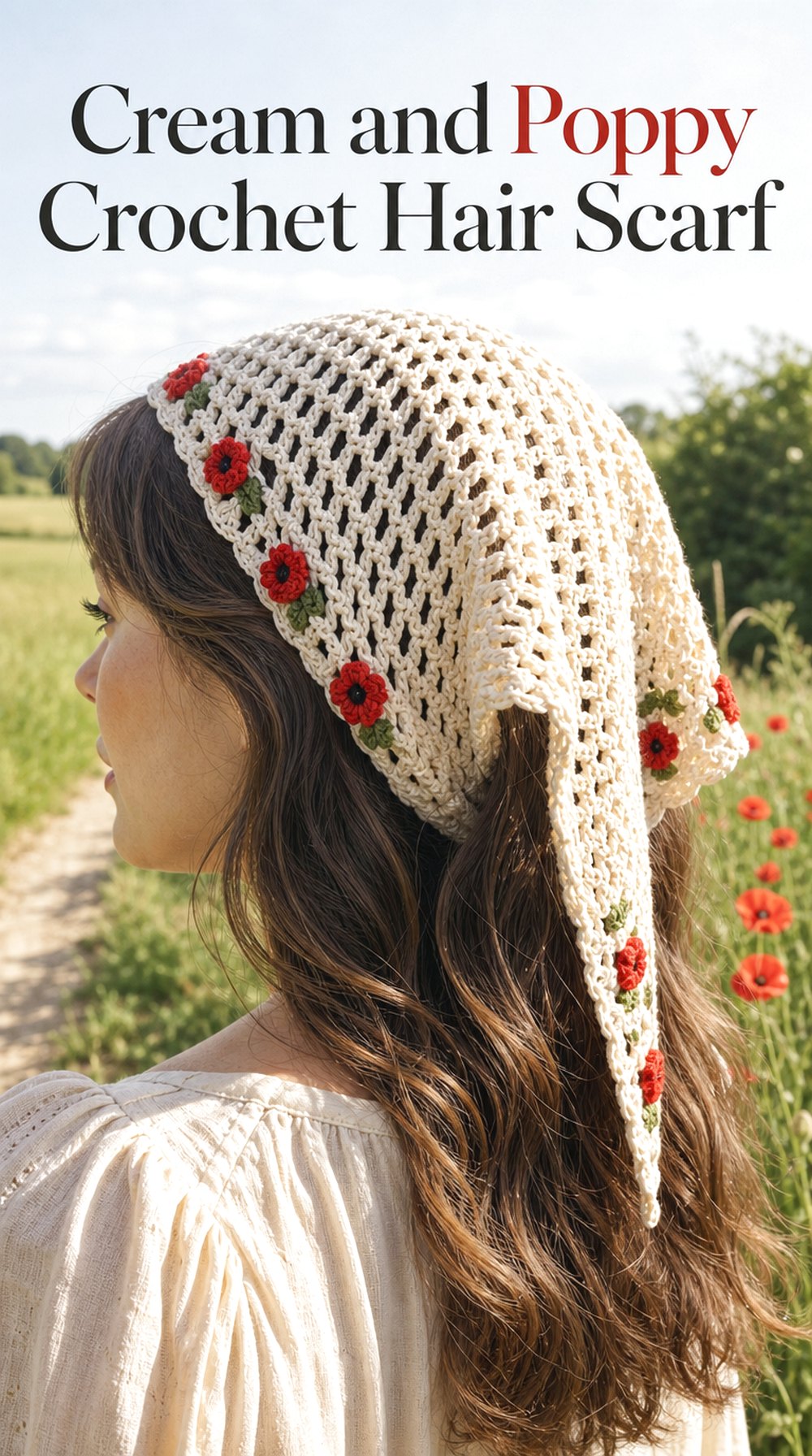 Cream and Poppy Crochet Hair Scarf