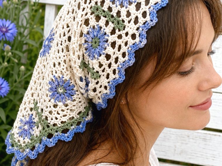 Crochet Cornflower Lace Headscarf