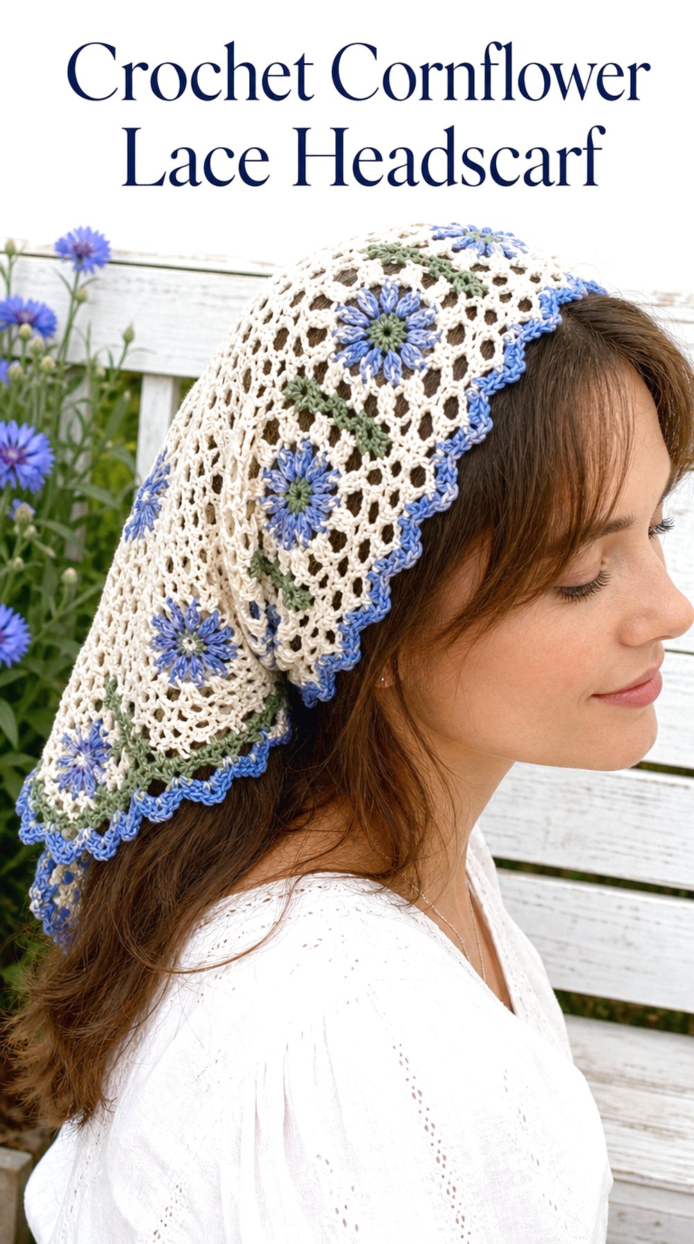 Crochet Cornflower Lace Headscarf