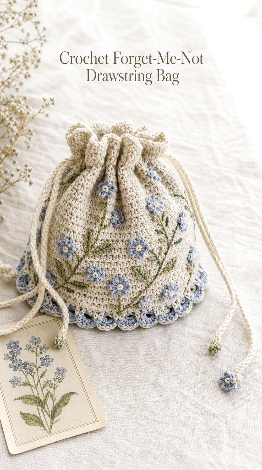 Crochet Forget Me Not Drawstring Bag