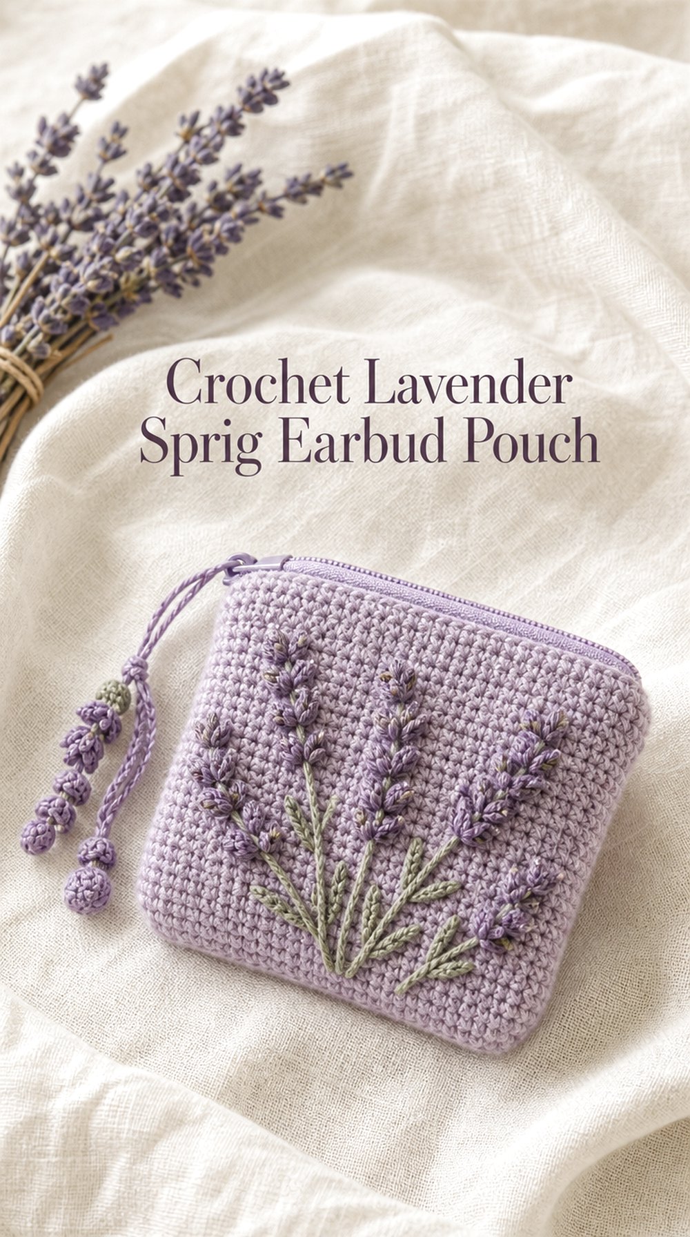Crochet Lavender Sprig Earbud Pouch