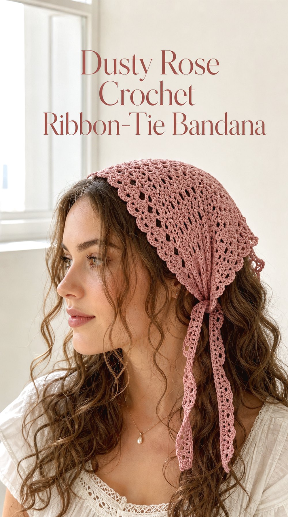 Dusty Rose Crochet Ribbon Tie Bandana