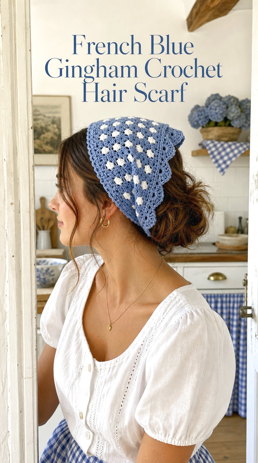 French Blue Gingham Crochet Hair Scarf