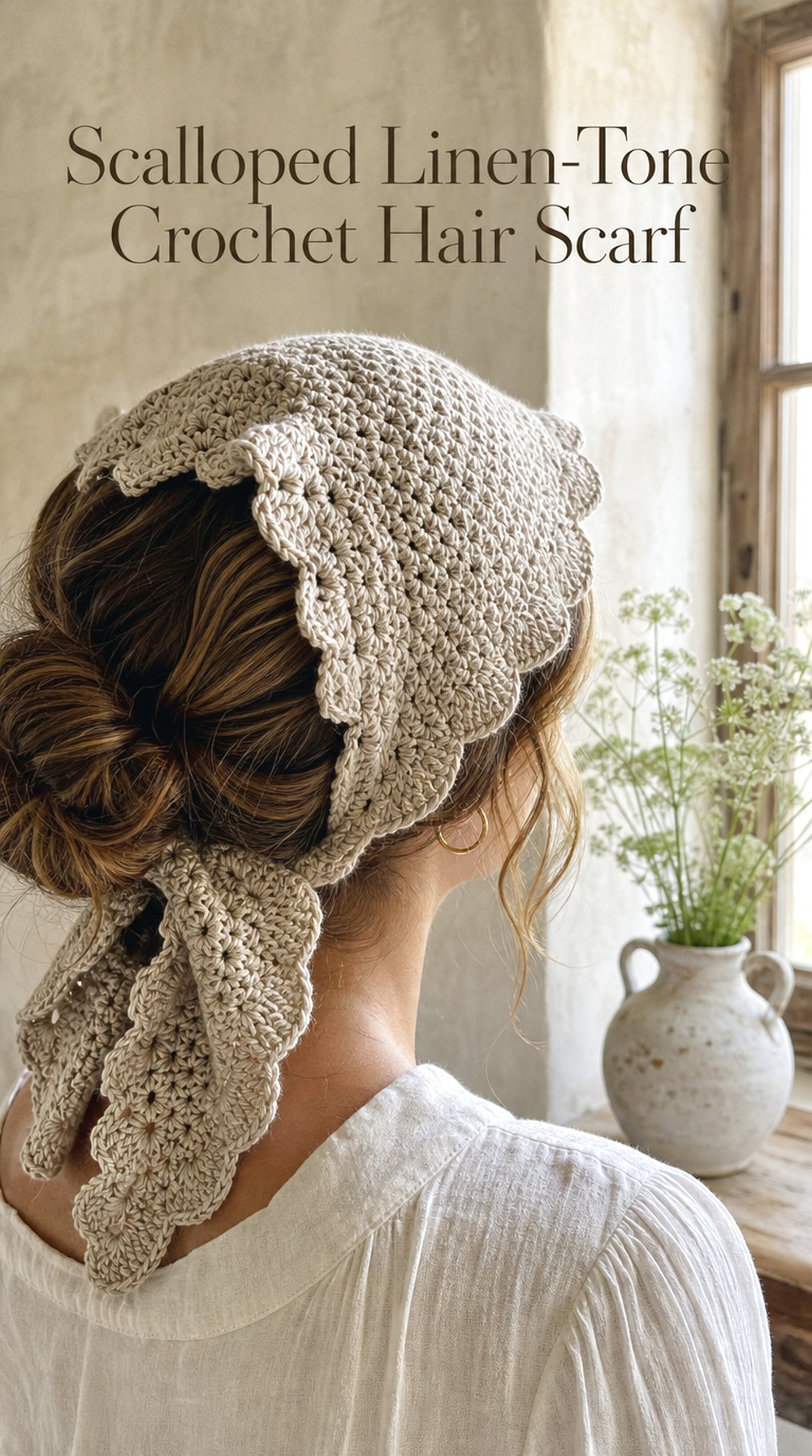 Scalloped Linen Tone Crochet Hair Scarf