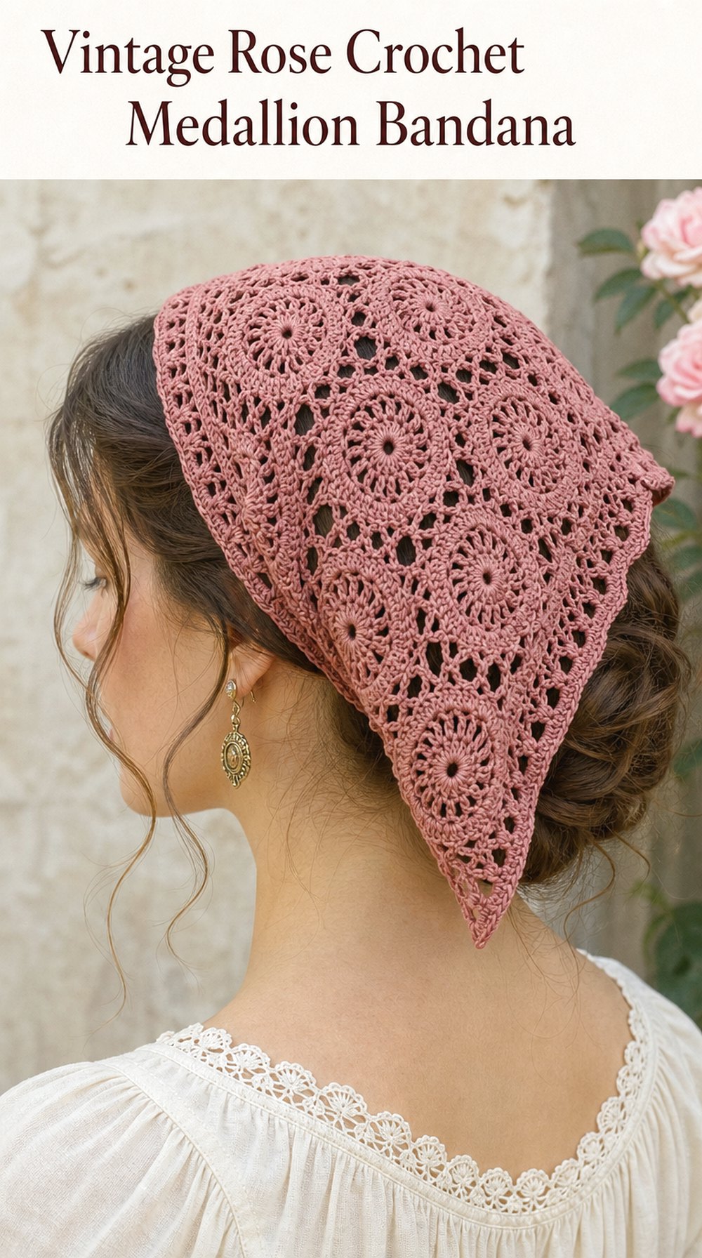 Vintage Rose Crochet Medallion Bandana